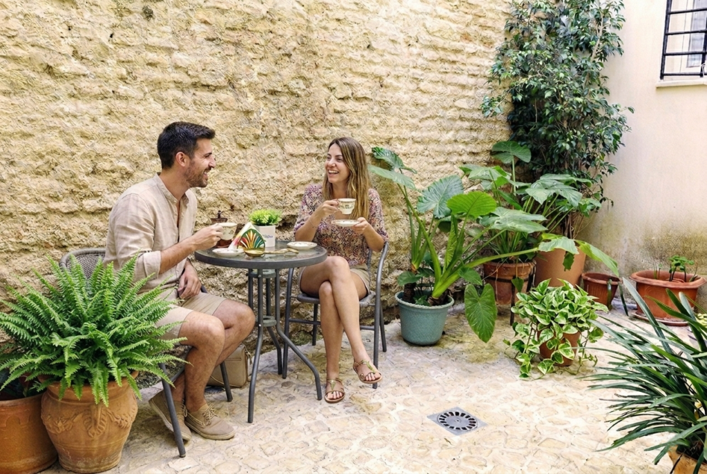 Serenidad en un patio histórico Pareja relajándose en el tranquilo patio de NintaiHome Los Venerables, rodeados del encanto y la tradición de las calles adoquinadas del barrio de Santa Cruz.